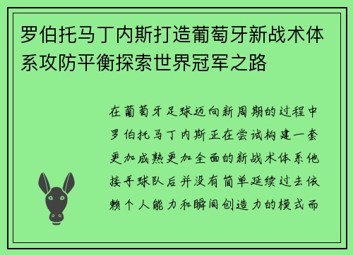 罗伯托马丁内斯打造葡萄牙新战术体系攻防平衡探索世界冠军之路